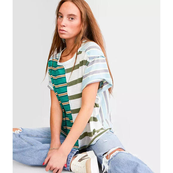 We The Free Tops - Free People We The Free Get Real Tee Striped Printed Oversized Crew Neck Top S